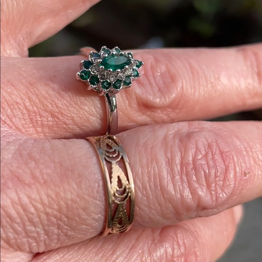 New vintage 14k gold electroplate ring/ emeralds